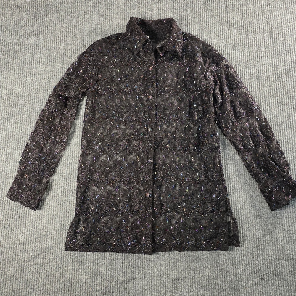 Cache Vintage Black Beaded Lace Blouse Sheer Floral Button Down Top Petite P